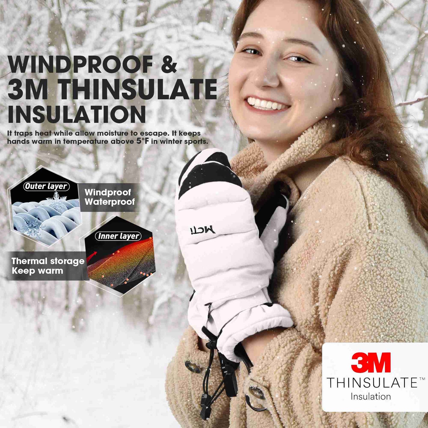 MCTi Ski Mittens Women's Snow Mitten Touch Screen Waterproof Insulated Quilted Mitts with Hidden Zipper MCTi