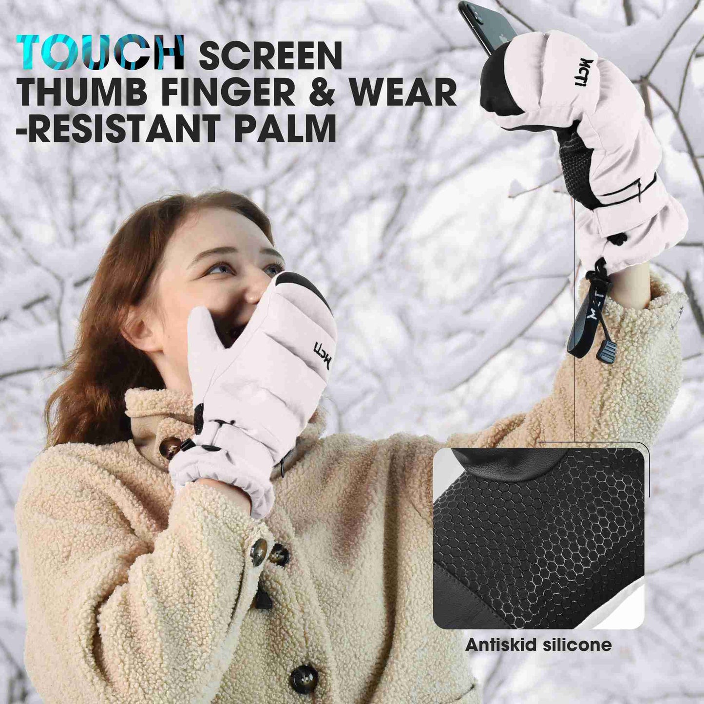 MCTi Ski Mittens Women's Snow Mitten Touch Screen Waterproof Insulated Quilted Mitts with Hidden Zipper MCTi