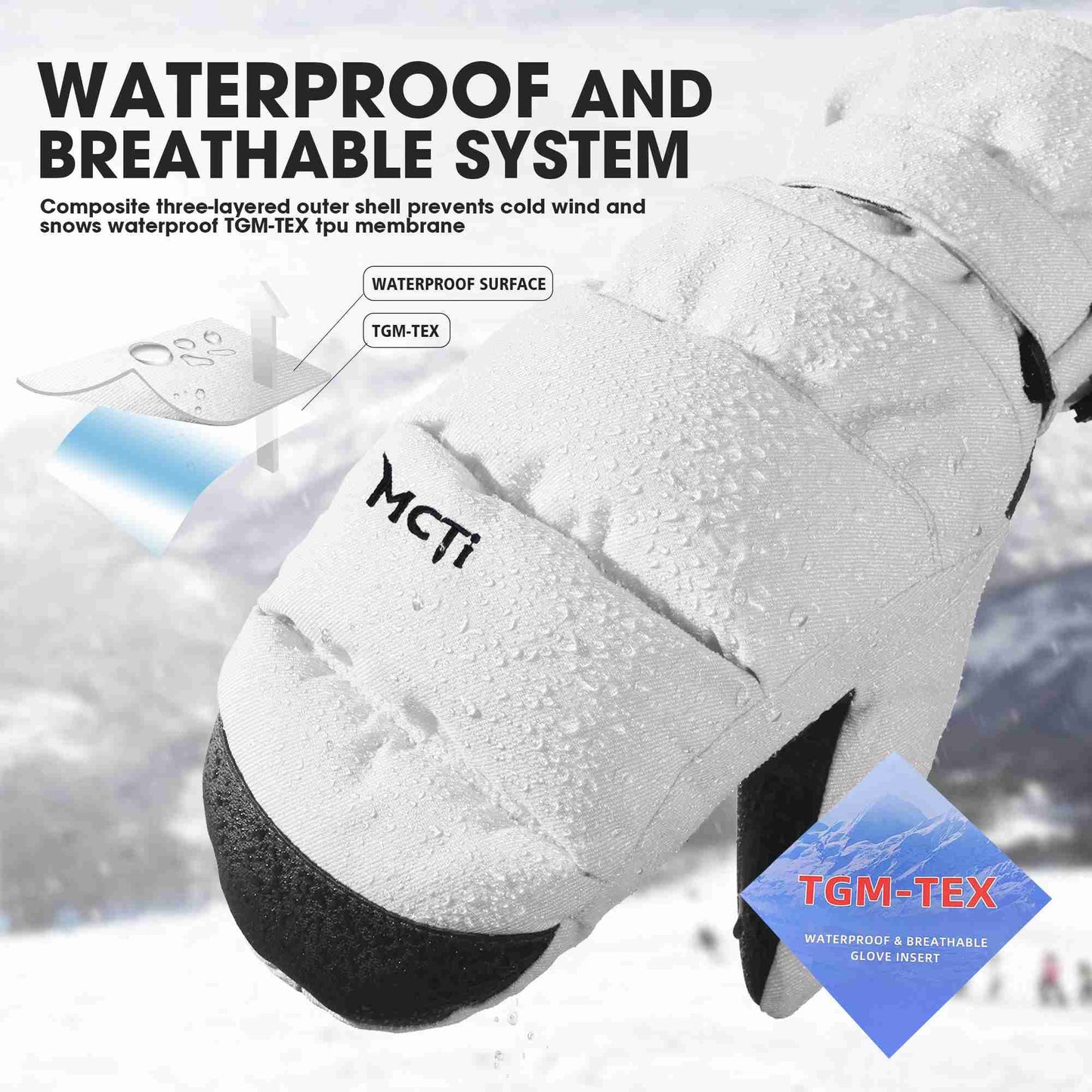 MCTi Ski Mittens Women's Snow Mitten Touch Screen Waterproof Insulated Quilted Mitts with Hidden Zipper MCTi