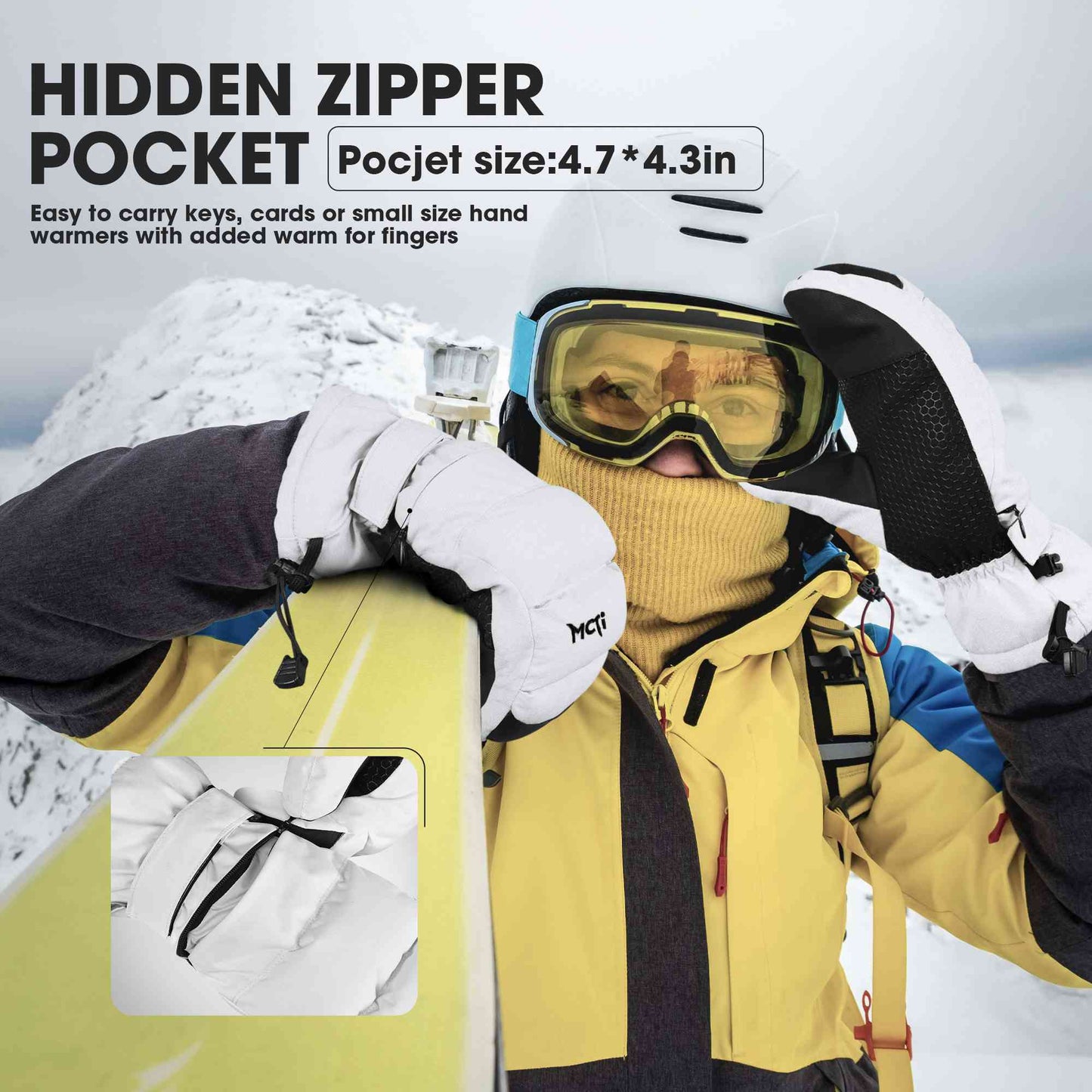 MCTi Ski Mittens Women's Snow Mitten Touch Screen Waterproof Insulated Quilted Mitts with Hidden Zipper MCTi
