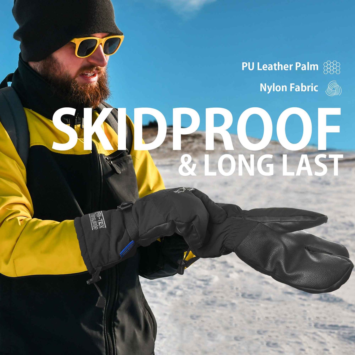 EXSki Waterproof Winter 3-Finger Ski Gloves Warm Insulated Snow Mittens for Cold Weather Snowboard Snowmobile EXSKI