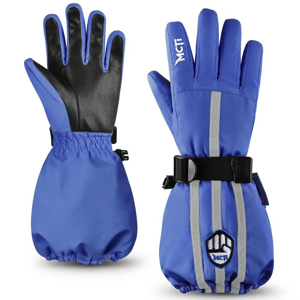 MCTi Kids Gloves Waterproof Winter Warm Snow Ski Gloves Long Cuff Fleece Lined with Reflective Strap MCTi