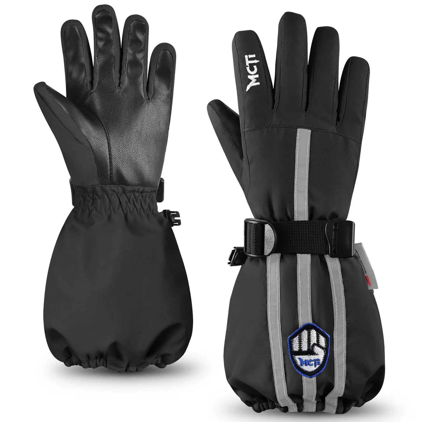MCTi Kids Gloves Waterproof Winter Warm Snow Ski Gloves Long Cuff Fleece Lined with Reflective Strap MCTi