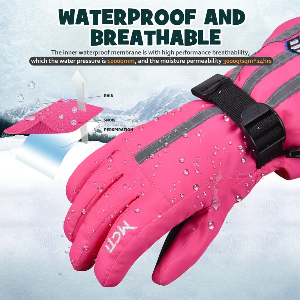 MCTi Kids Gloves Waterproof Winter Warm Snow Ski Gloves Long Cuff Fleece Lined with Reflective Strap MCTi