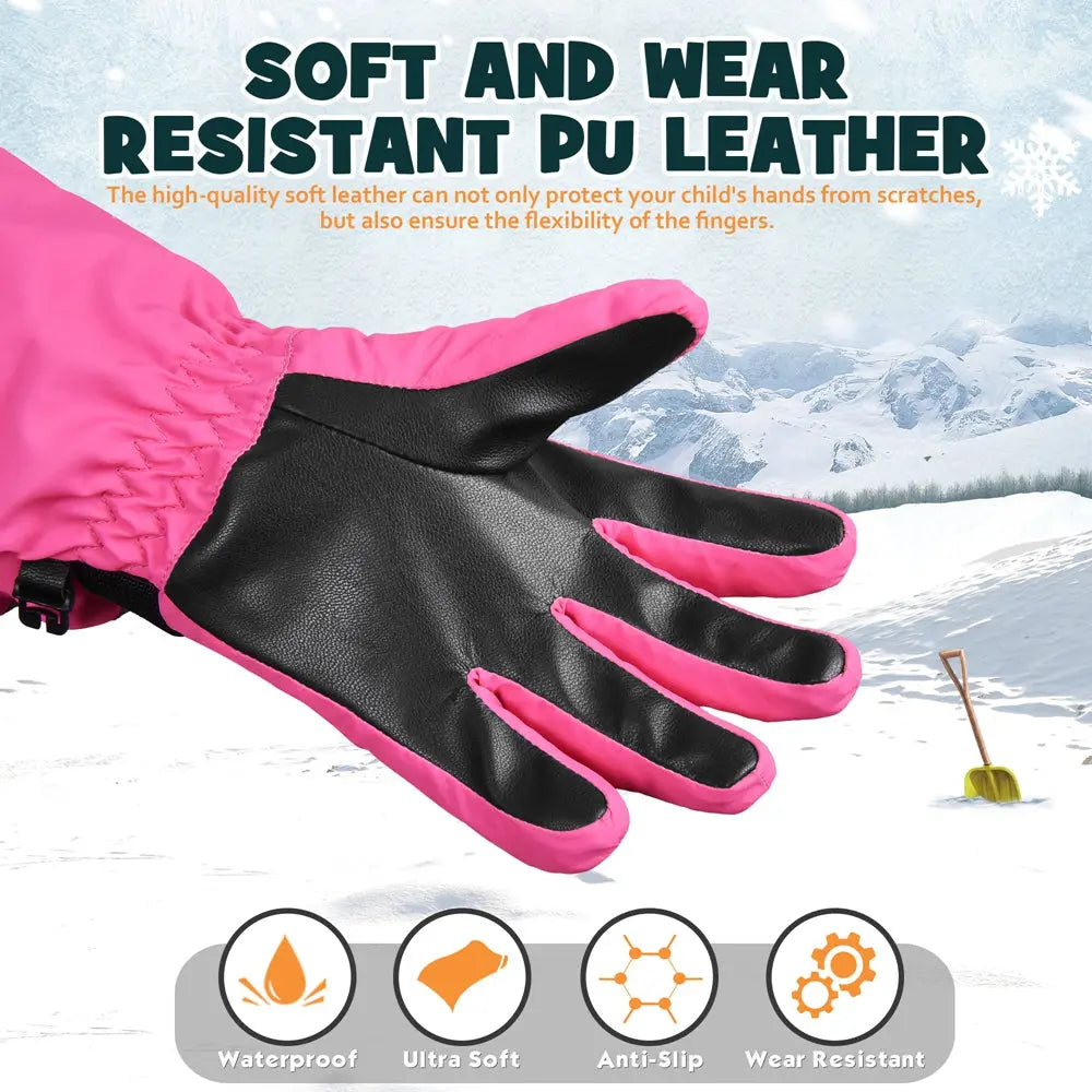 MCTi Kids Gloves Waterproof Winter Warm Snow Ski Gloves Long Cuff Fleece Lined with Reflective Strap MCTi