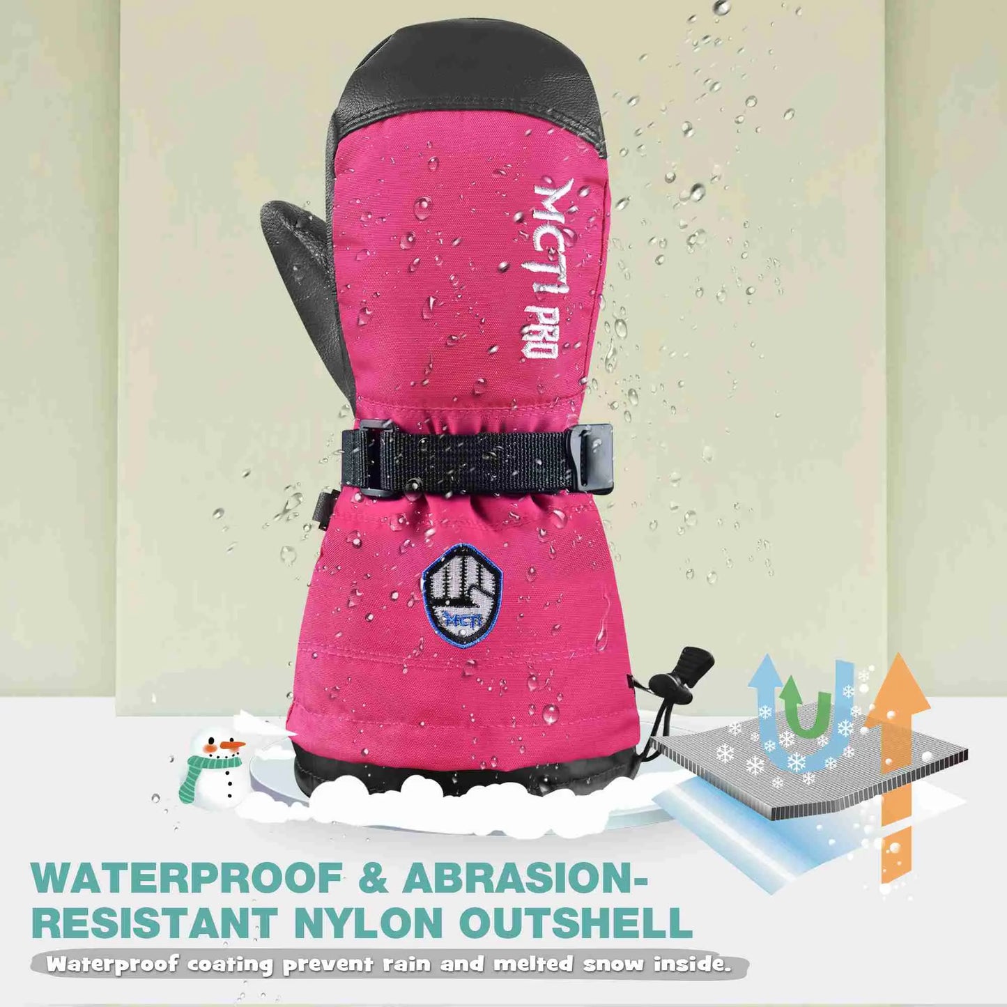 MCTi Kids Mittens Waterproof Winter Ski Warm Sherpa Fleece Lined Removable Insert MCTi