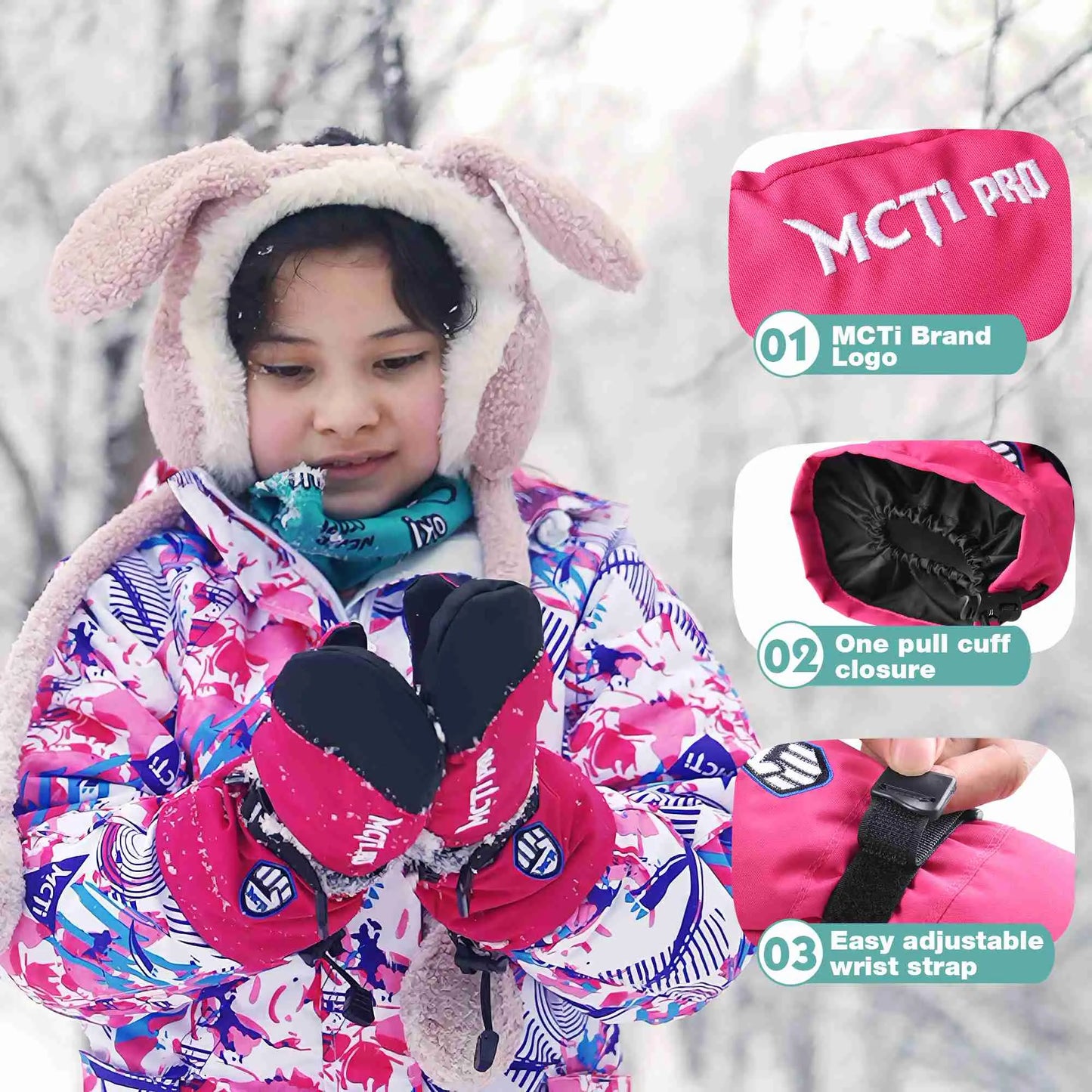 MCTi Kids Mittens Waterproof Winter Ski Warm Sherpa Fleece Lined Removable Insert MCTi