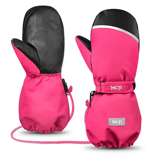 MCTi Kids Ski Mittens Waterproof Winter Ski Warm Sherpa Lined Long Cuff with String MCTi