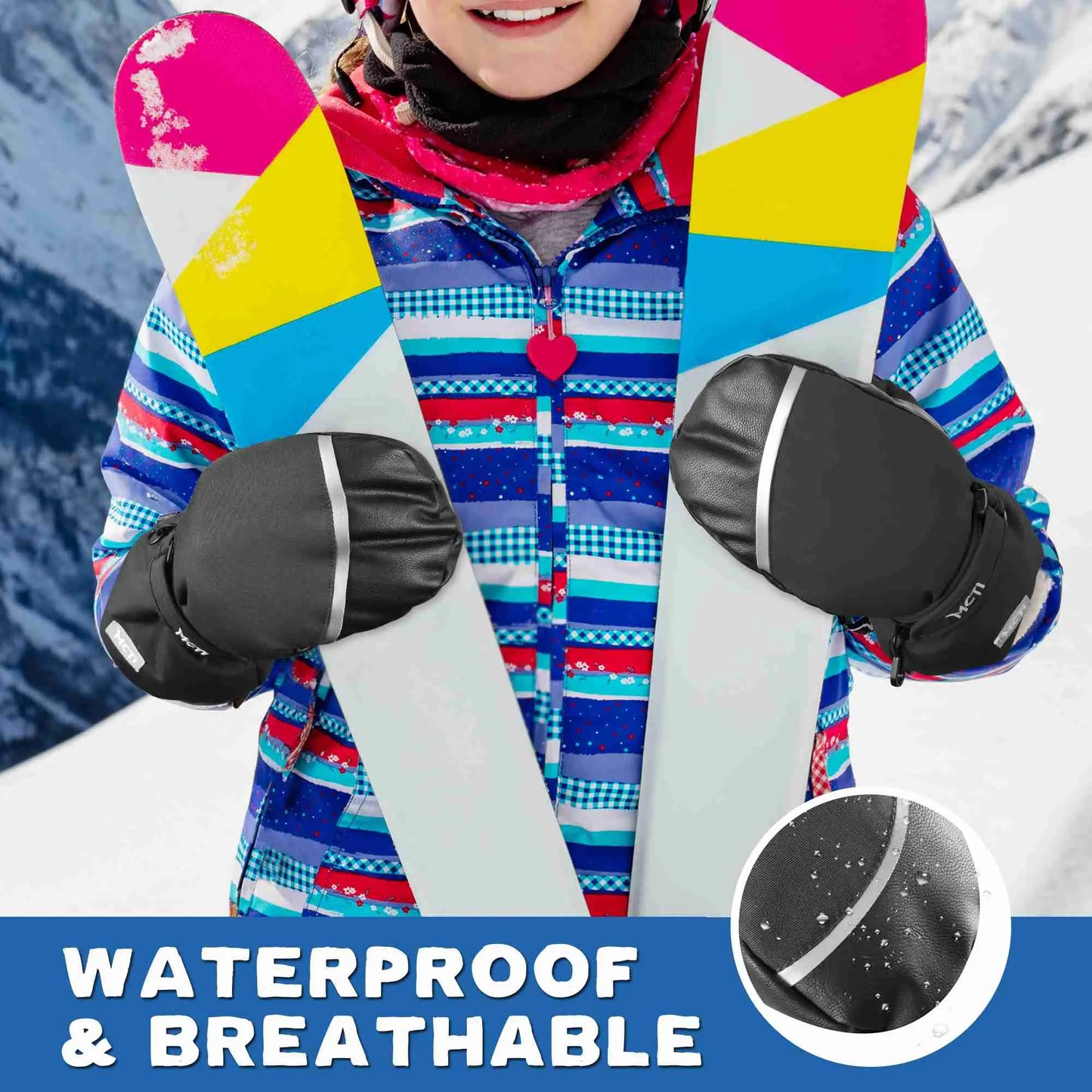 MCTi Kids Ski Mittens Waterproof Winter Ski Warm Sherpa Lined Long Cuff with String MCTi