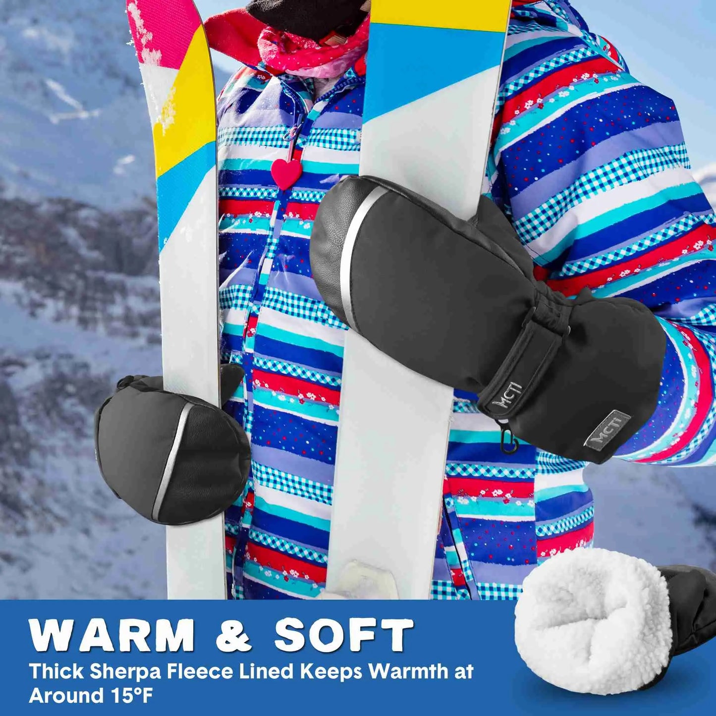 MCTi Kids Ski Mittens Waterproof Winter Ski Warm Sherpa Lined Long Cuff with String MCTi