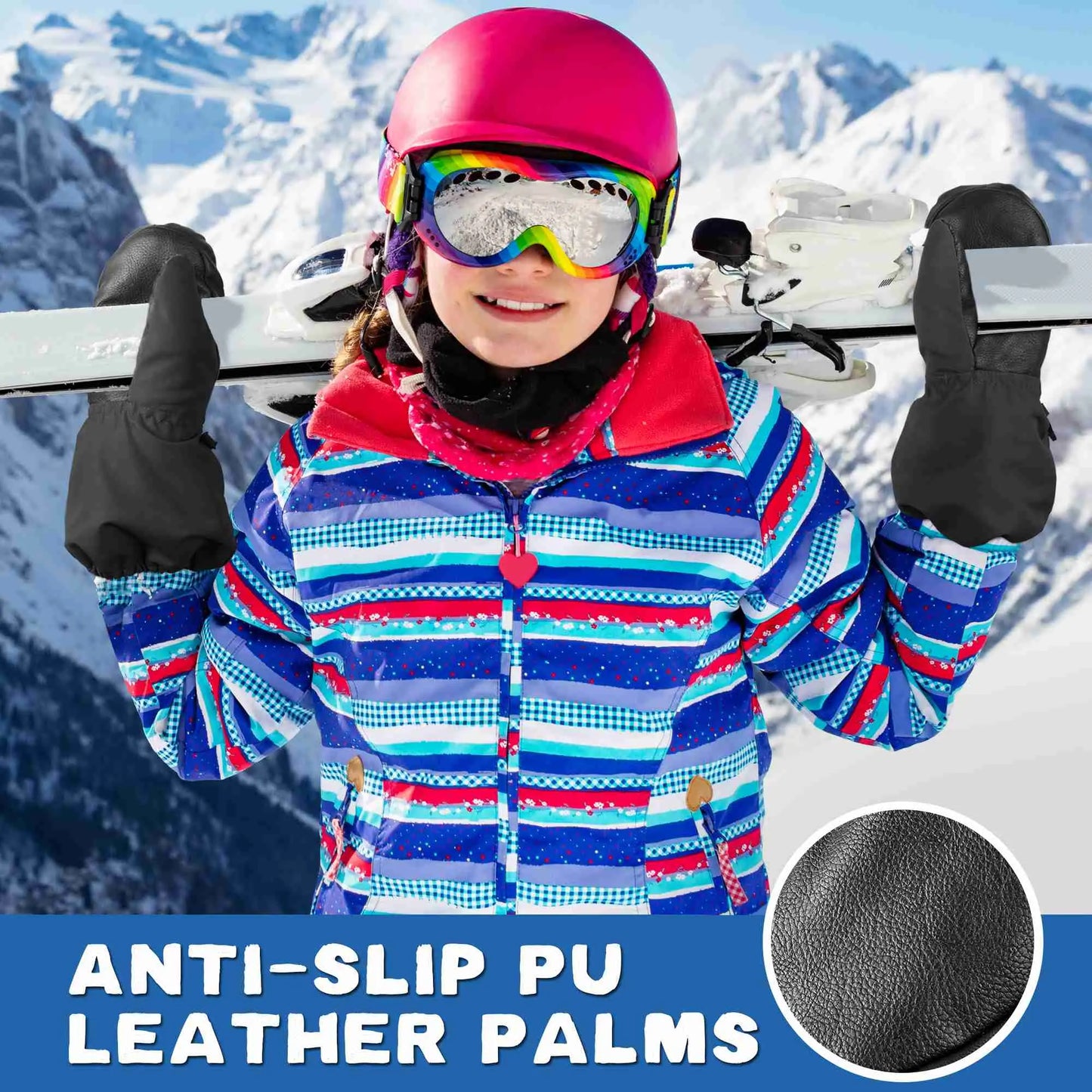 MCTi Kids Ski Mittens Waterproof Winter Ski Warm Sherpa Lined Long Cuff with String MCTi