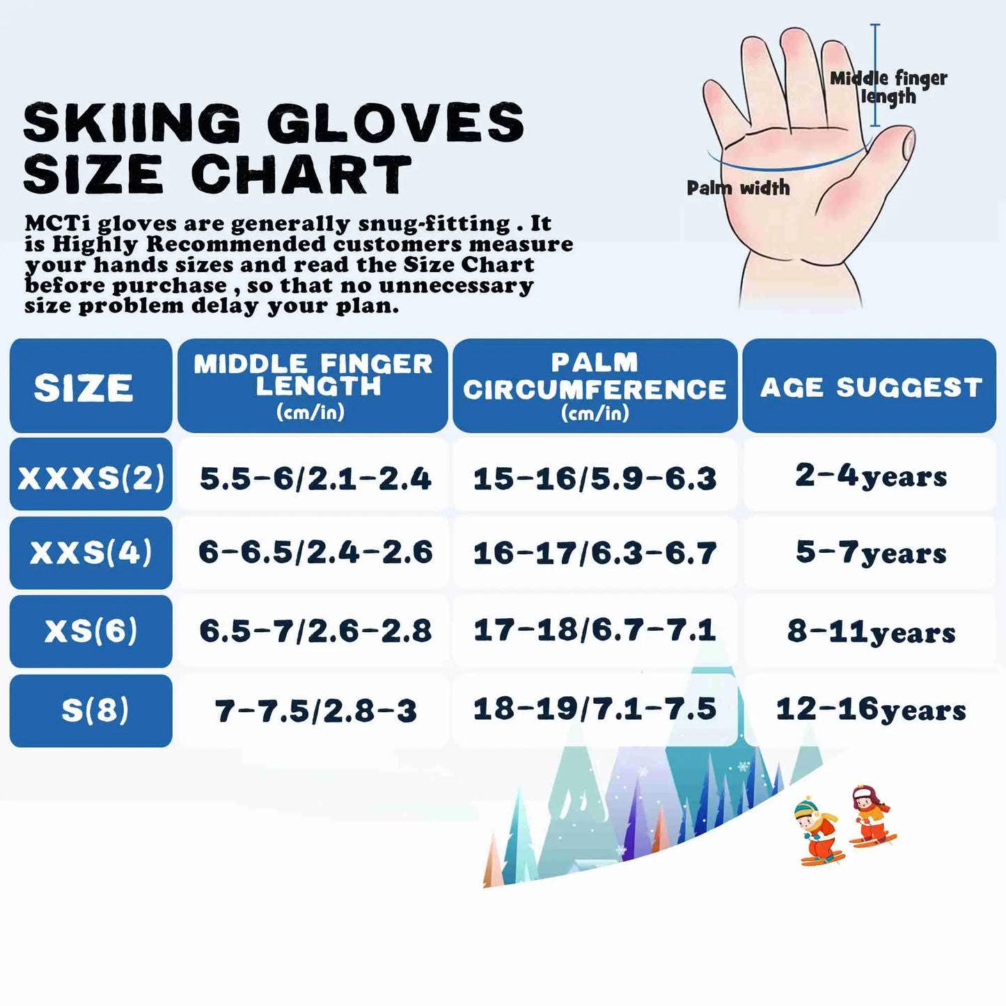 MCTi Kids Ski Mittens Waterproof Winter Ski Warm Sherpa Lined Long Cuff with String MCTi