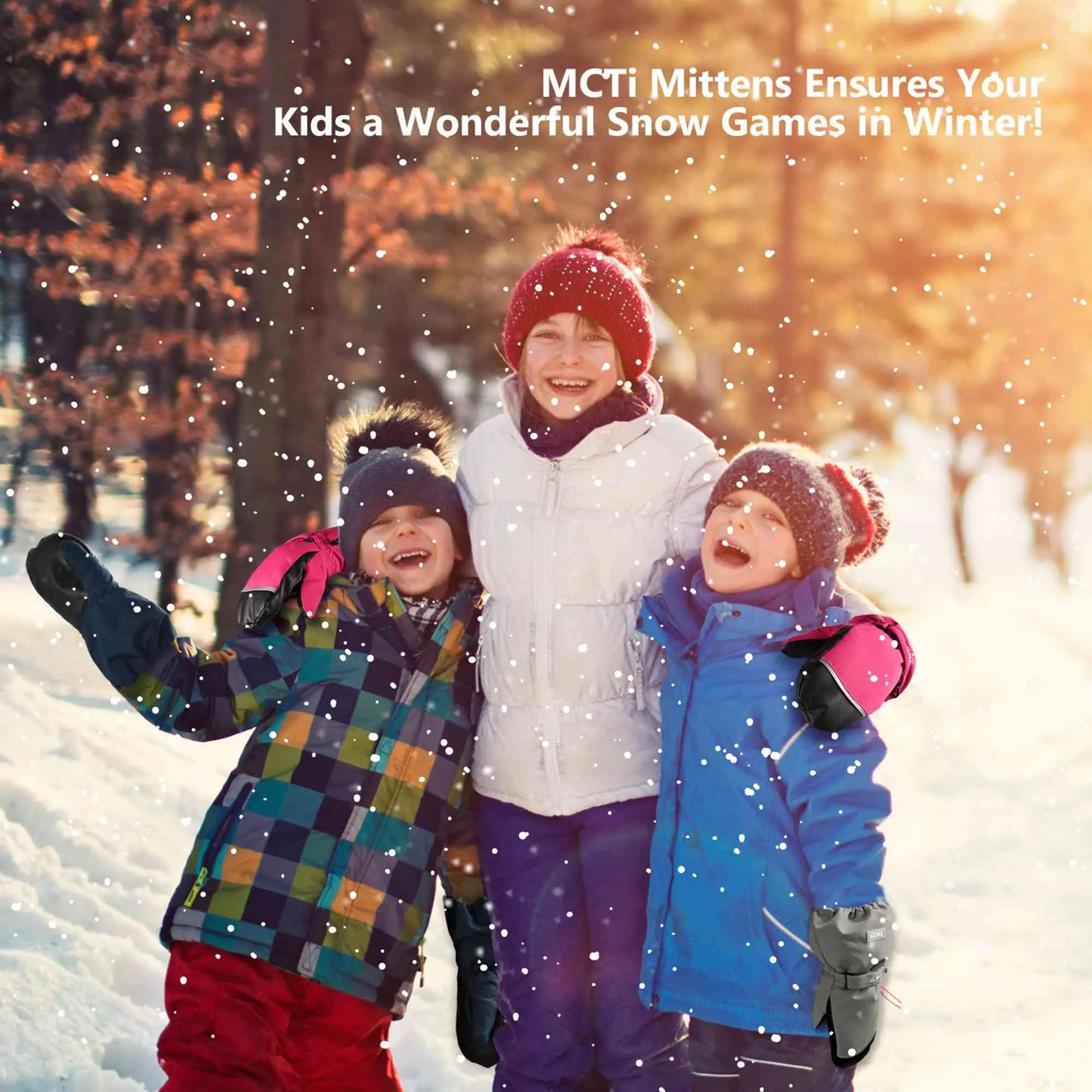 MCTi Kids Ski Mittens Waterproof Winter Ski Warm Sherpa Lined Long Cuff with String MCTi