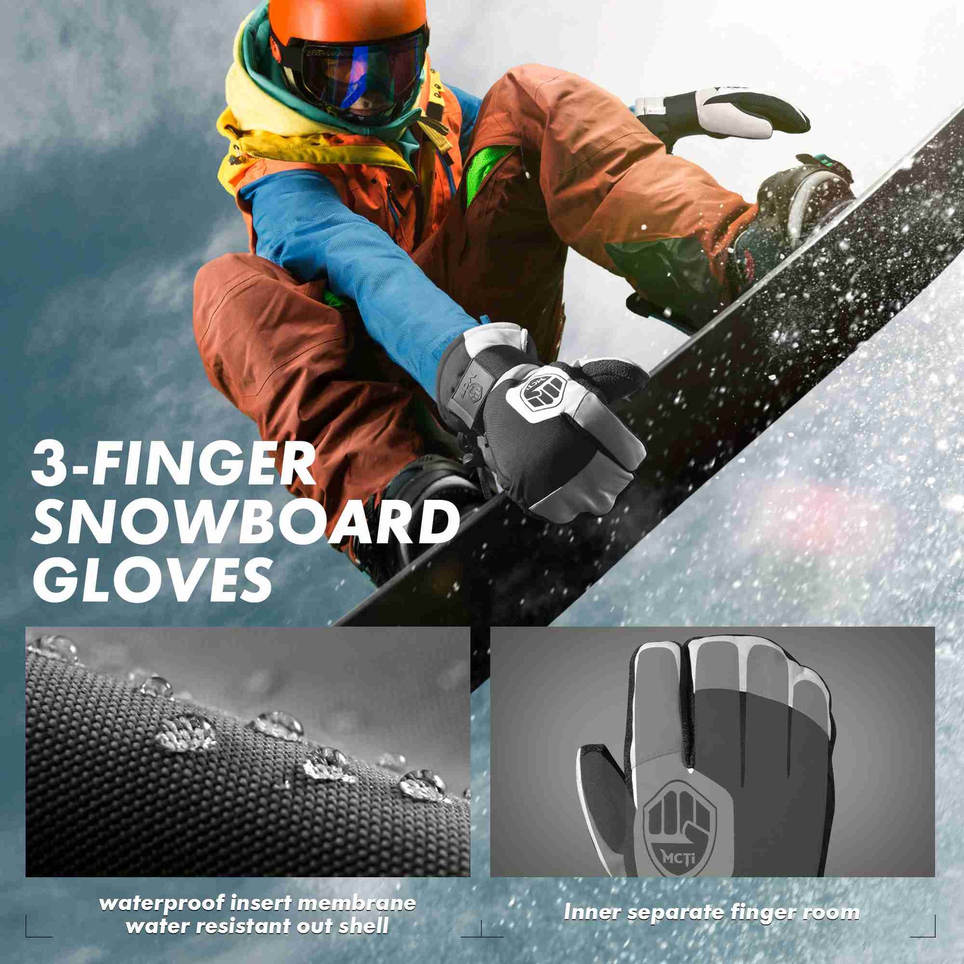 MCTi Snowboard Gloves with Wrist Guard 3-Finger Kevlar Gloves Waterproof for Winter Snow Skiing EXSKI