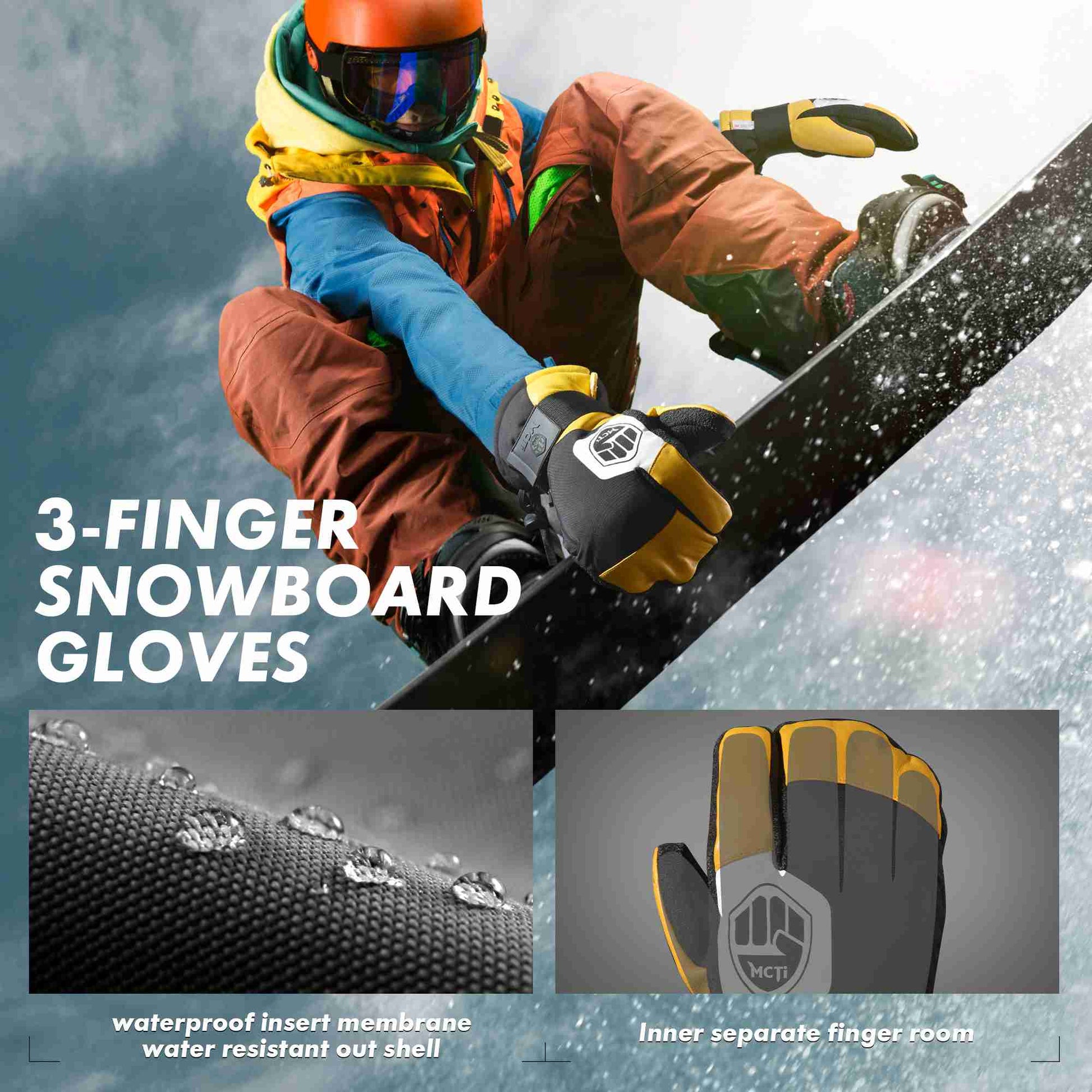 MCTi Snowboard Gloves with Wrist Guard 3-Finger Kevlar Gloves Waterproof for Winter Snow Skiing EXSKI