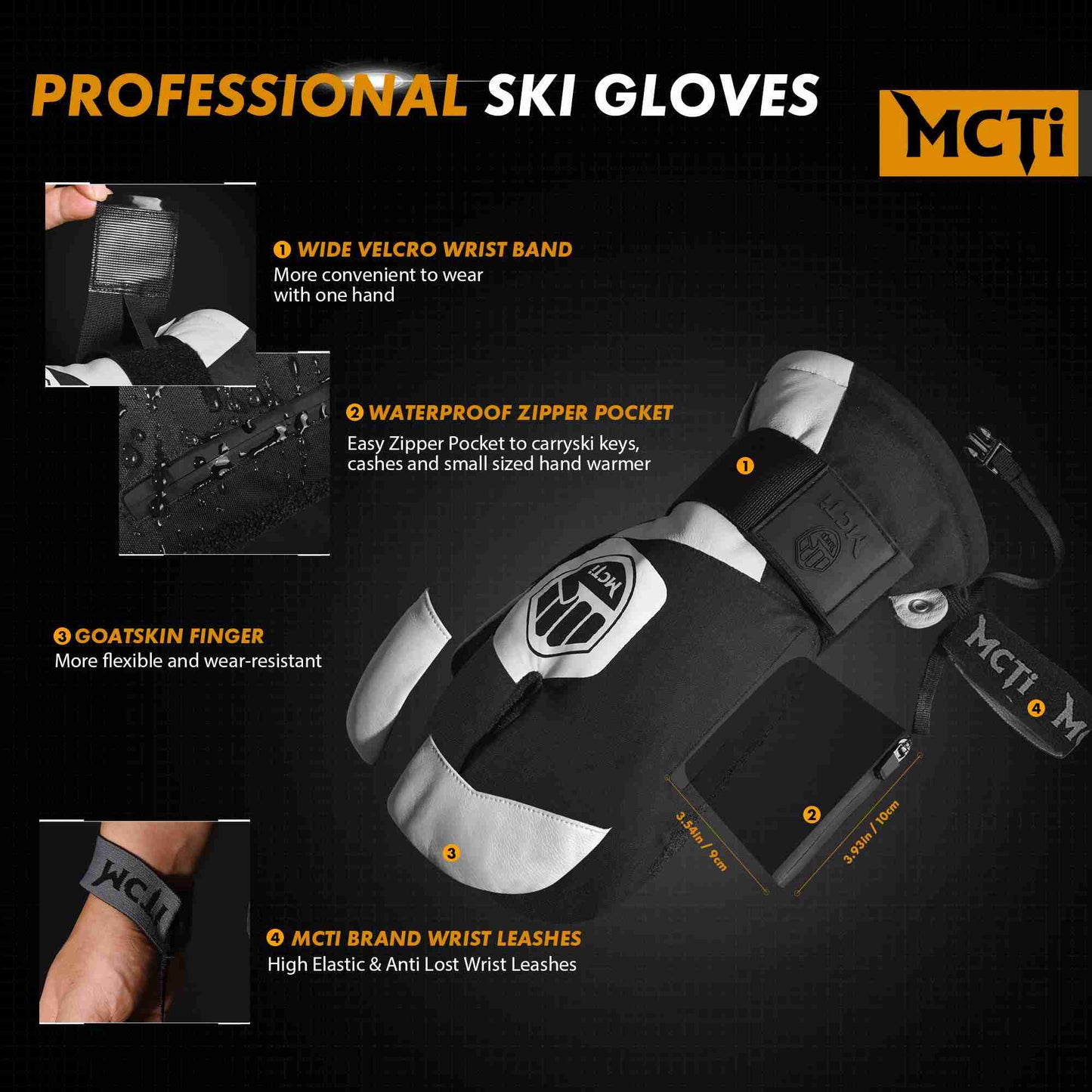 MCTi Snowboard Gloves with Wrist Guard 3-Finger Kevlar Gloves Waterproof for Winter Snow Skiing EXSKI
