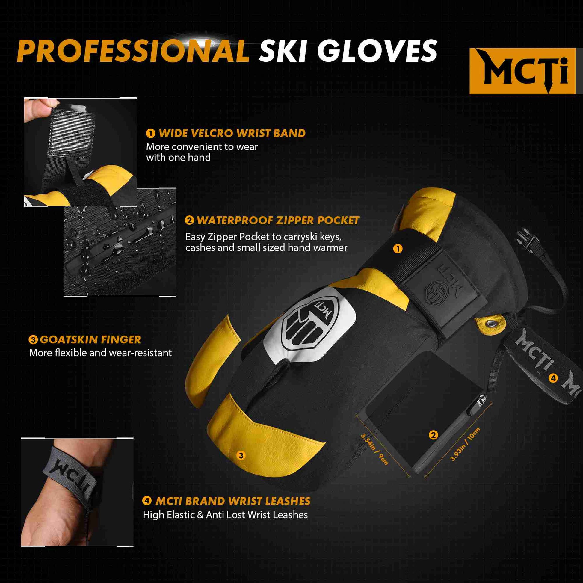 MCTi Snowboard Gloves with Wrist Guard 3-Finger Kevlar Gloves Waterproof for Winter Snow Skiing EXSKI