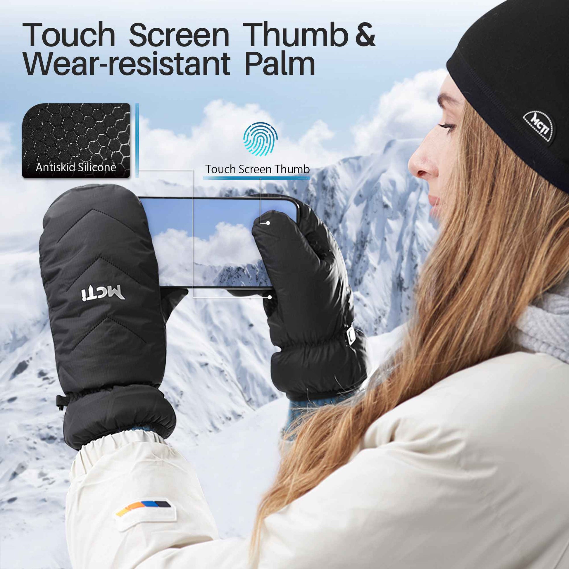 MCTi Women's Goose Down Mittens Waterproof Touch Screen Packable Ultra Light Snow Mitts MCTi