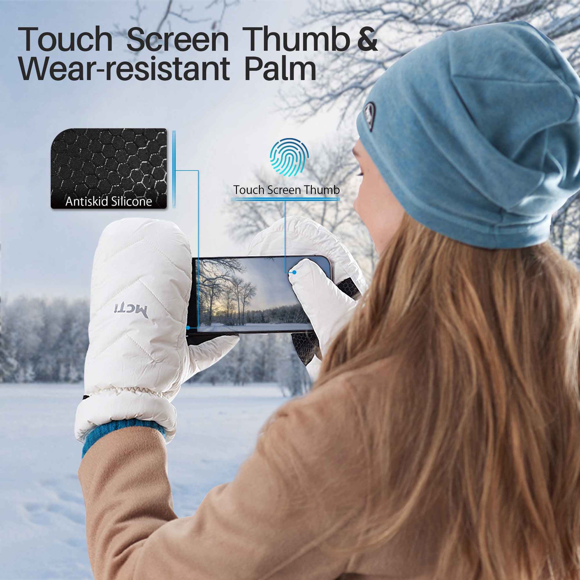 MCTi Women's Goose Down Mittens Waterproof Touch Screen Packable Ultra Light Snow Mitts MCTi