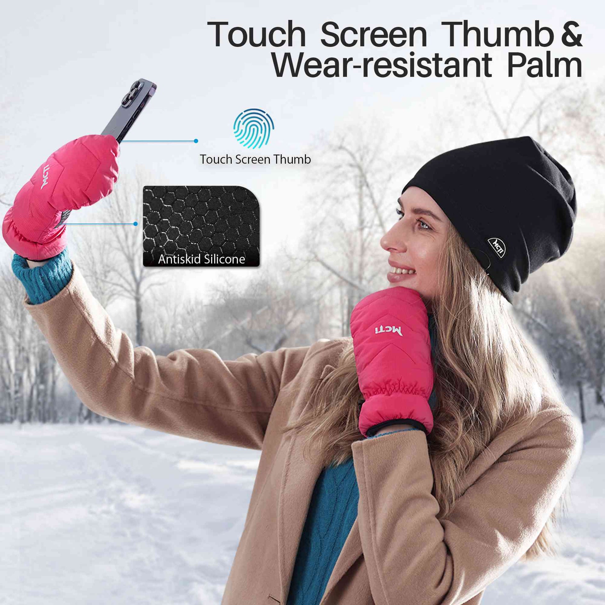 MCTi Women's Goose Down Mittens Waterproof Touch Screen Packable Ultra Light Snow Mitts MCTi