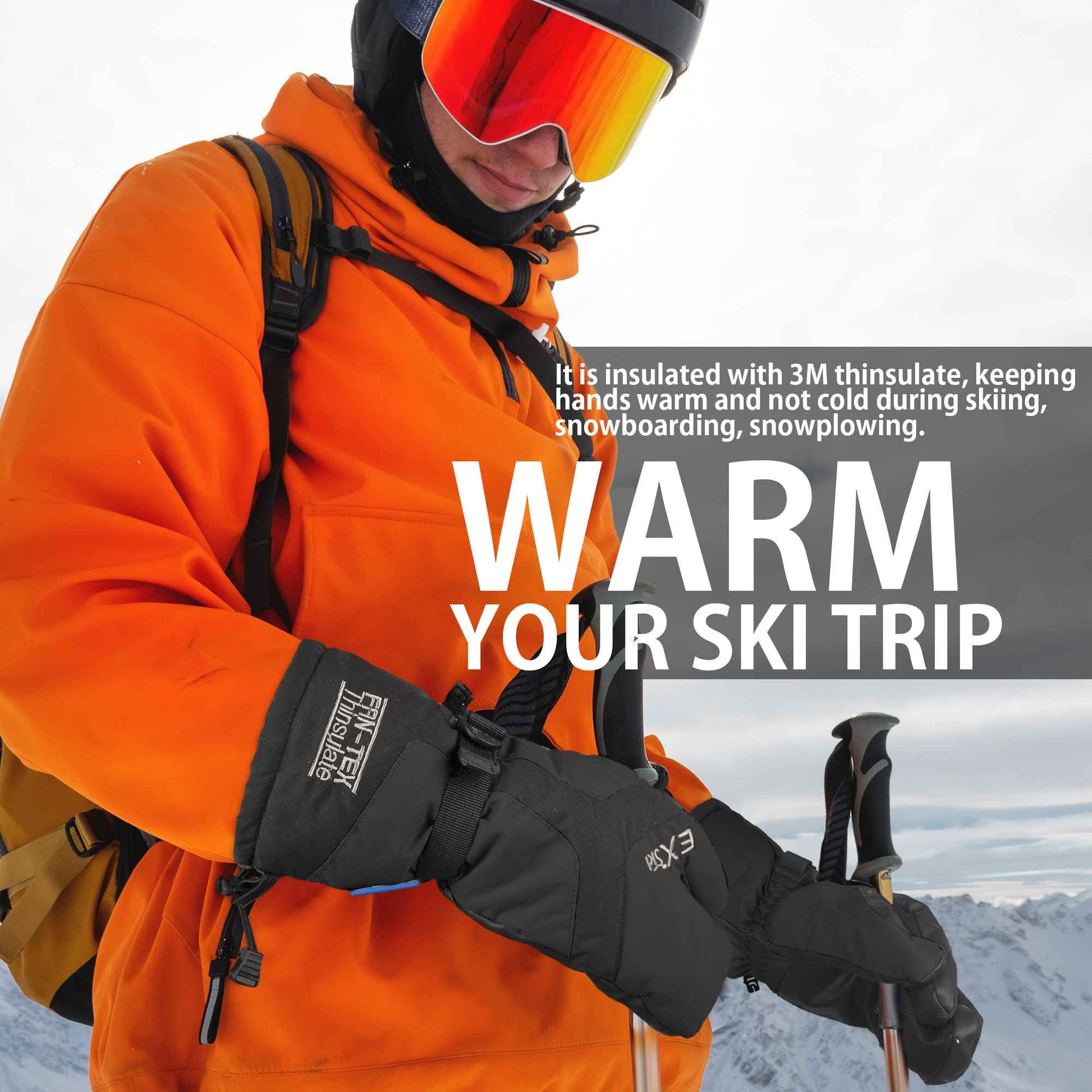 EXSki Waterproof Winter 3-Finger Ski Gloves Warm Insulated Snow Mittens for Cold Weather Snowboard Snowmobile EXSKI