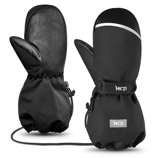 MCTi Kids Ski Mittens Waterproof Winter Ski Warm Sherpa Lined Long Cuff with String MCTi