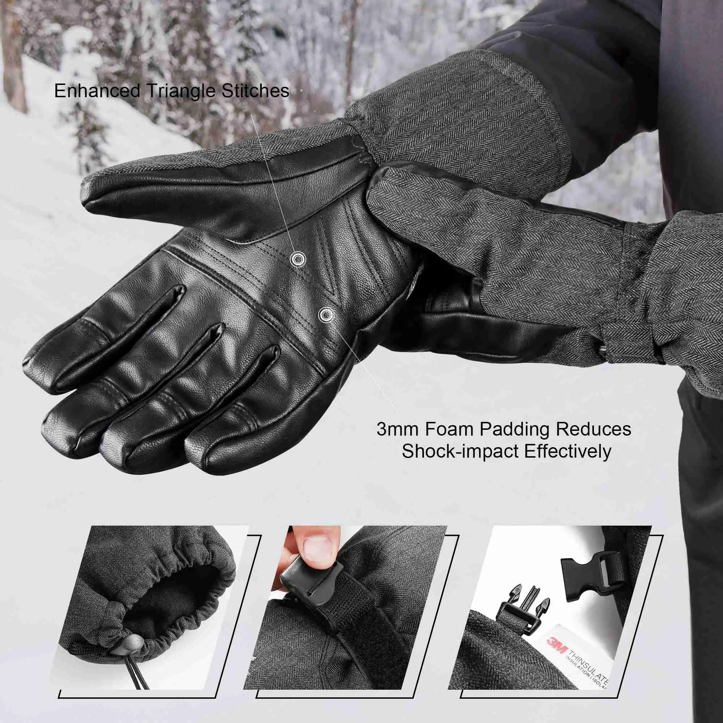 MCTi Ski Gloves Winter Waterproof Snowboard Snow Warm 3M Thinsulate PU Leather Cold Weather Gloves for Mens Womens MCTi