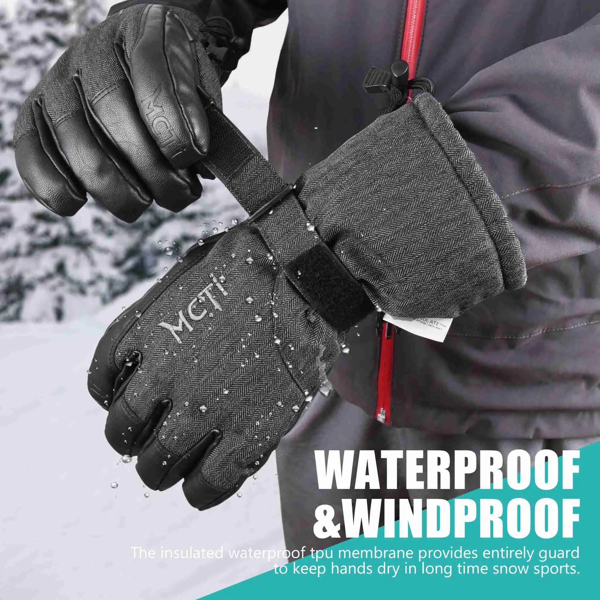 MCTi Ski Gloves Winter Waterproof Snowboard Snow Warm 3M Thinsulate PU Leather Cold Weather Gloves for Mens Womens MCTi