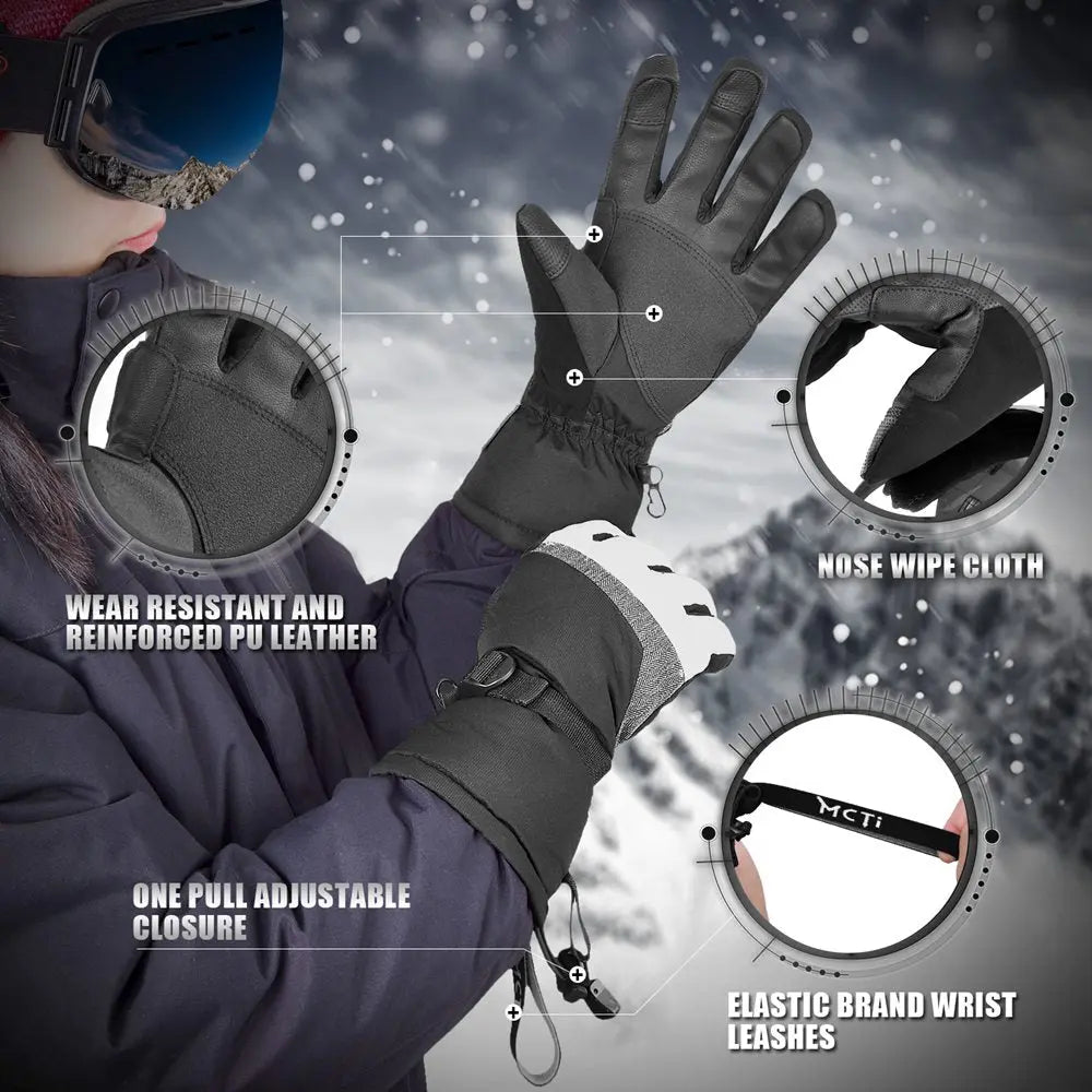 MCTi Ski Gloves,Winter Waterproof Snowboard Snow 3M Thinsulate Warm Touchscreen Cold Weather Women Gloves Wrist Leashes MCTi