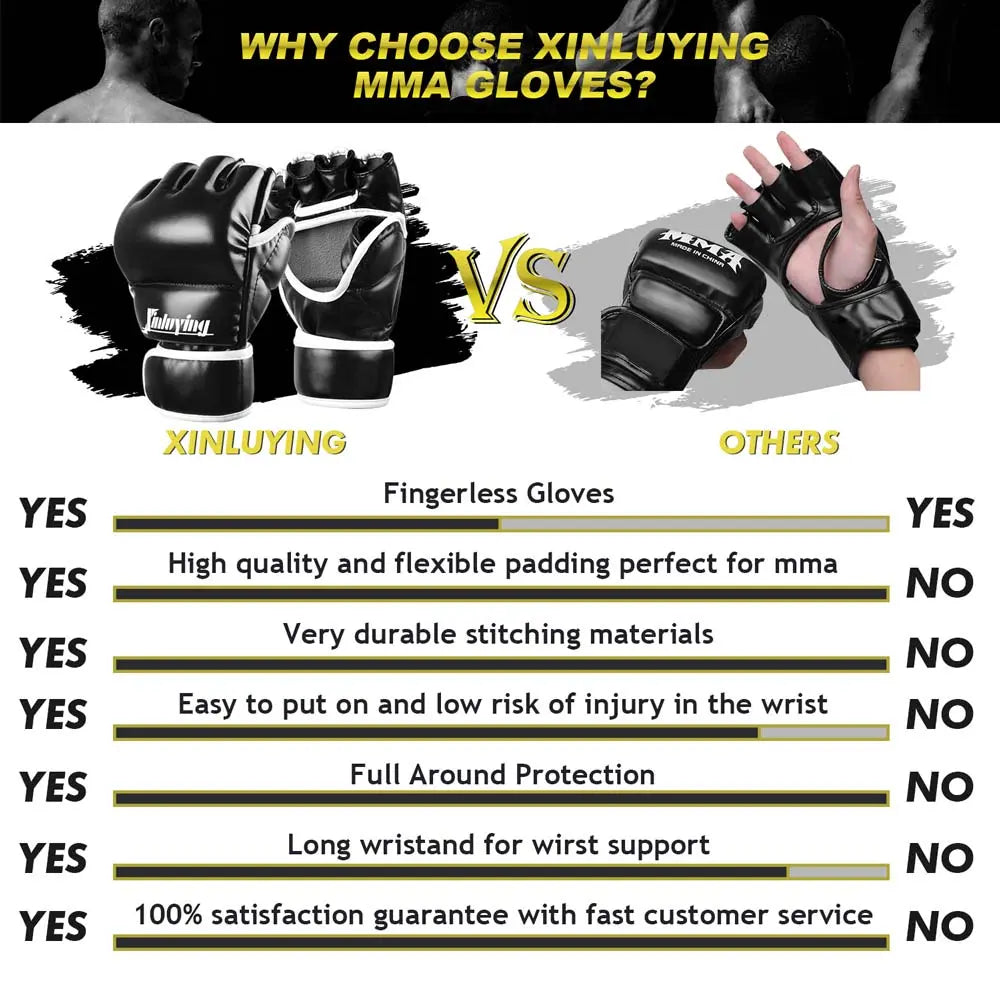 Xinluying MMA Gloves Martial Arts Grappling Sparring Punch Bag UFC Boxing Training Half Mitts for Men Women Xinluying